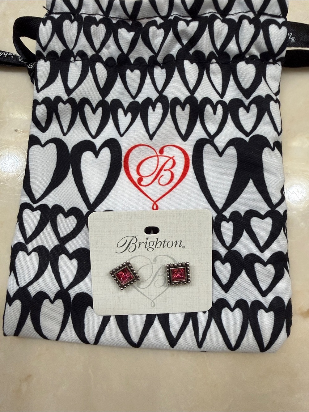 Brighton Silver-Tone Stud Earrings with Pink Square Crystals